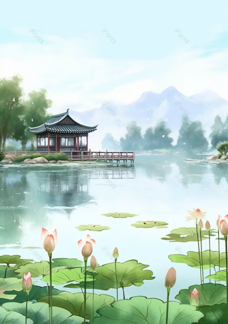 绿色清新荷花古建筑中国风背景,插画/手绘图,插画/手绘图库,插画/手绘图下载,插画/手绘